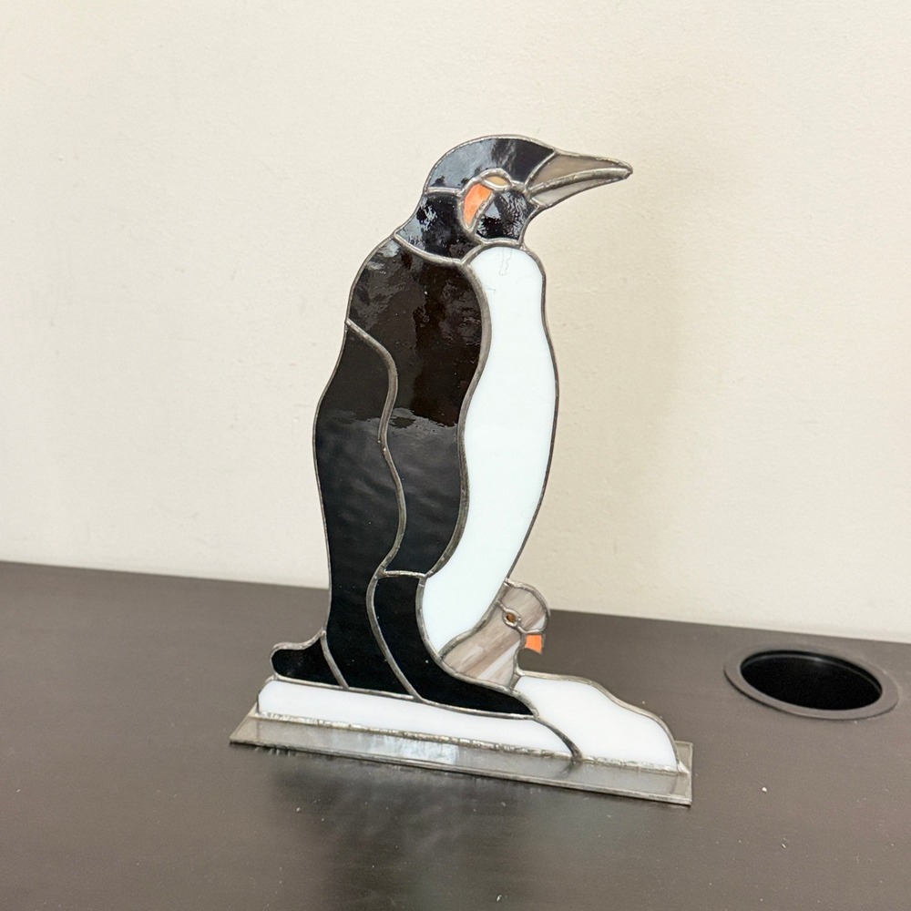 Vintage Stained Glass Penguin with Baby Chick Figurine Art Glass Decor